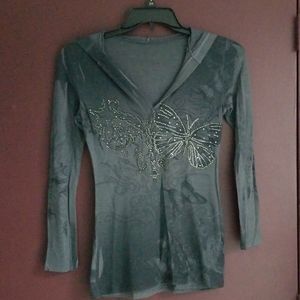 Gray hooded sweater butterfly and rhinestone print